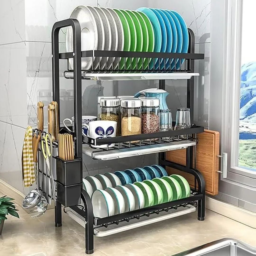 Escurridor de Platos 3 Niveles – Organizador de Cocina Multifuncional con Bandeja Antigoteo